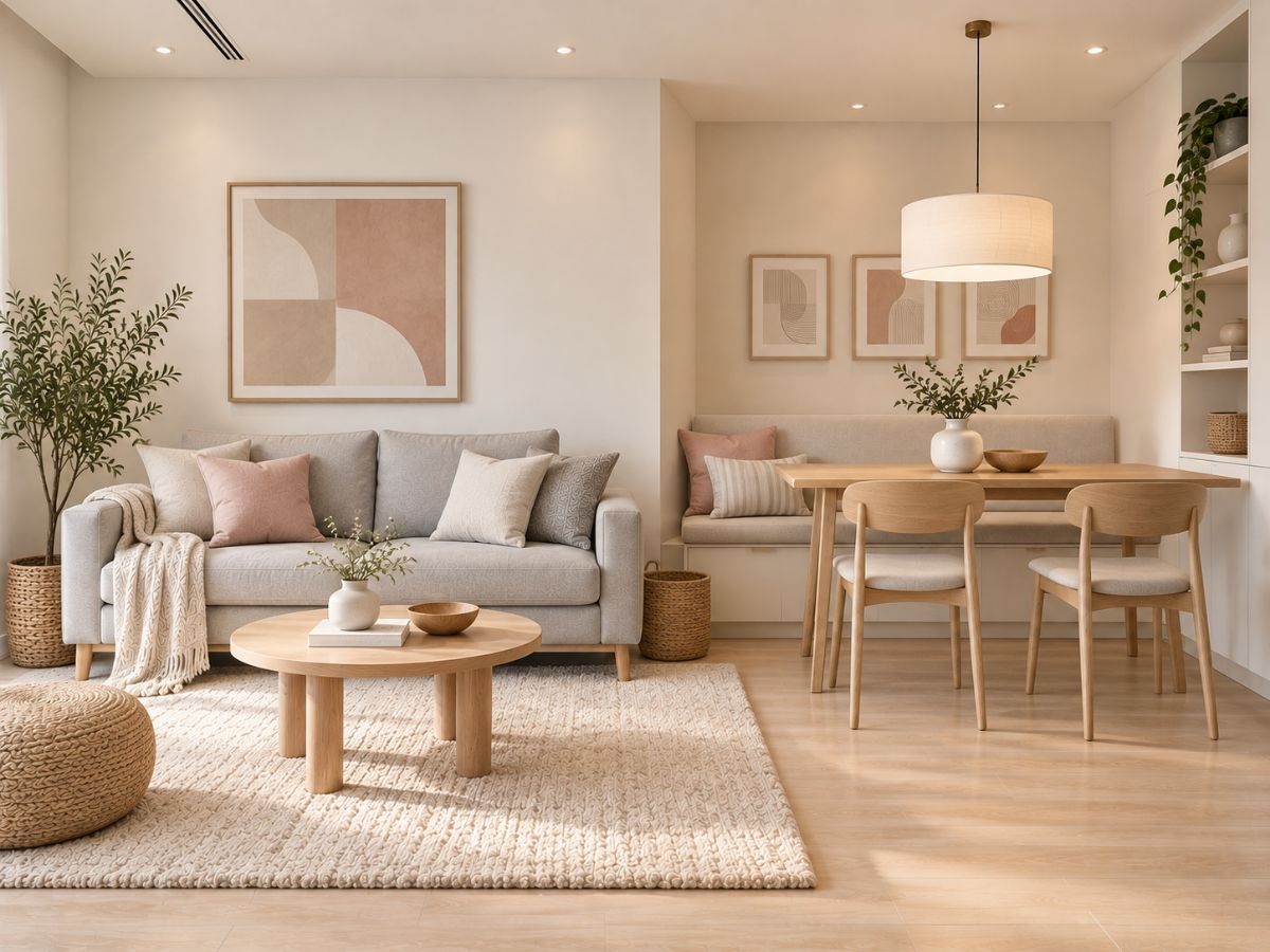 Băng ghế ăn có hộc chứa đồ trong phòng khách và phòng ăn 22m2 phong cách Scandinavian