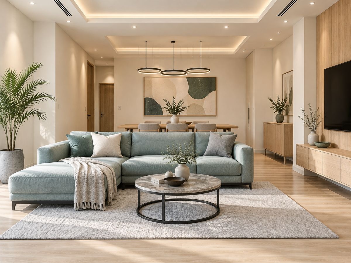 Phòng khách kết hợp phòng ăn 36m2 với sofa chữ L và bàn ăn 6 ghế
