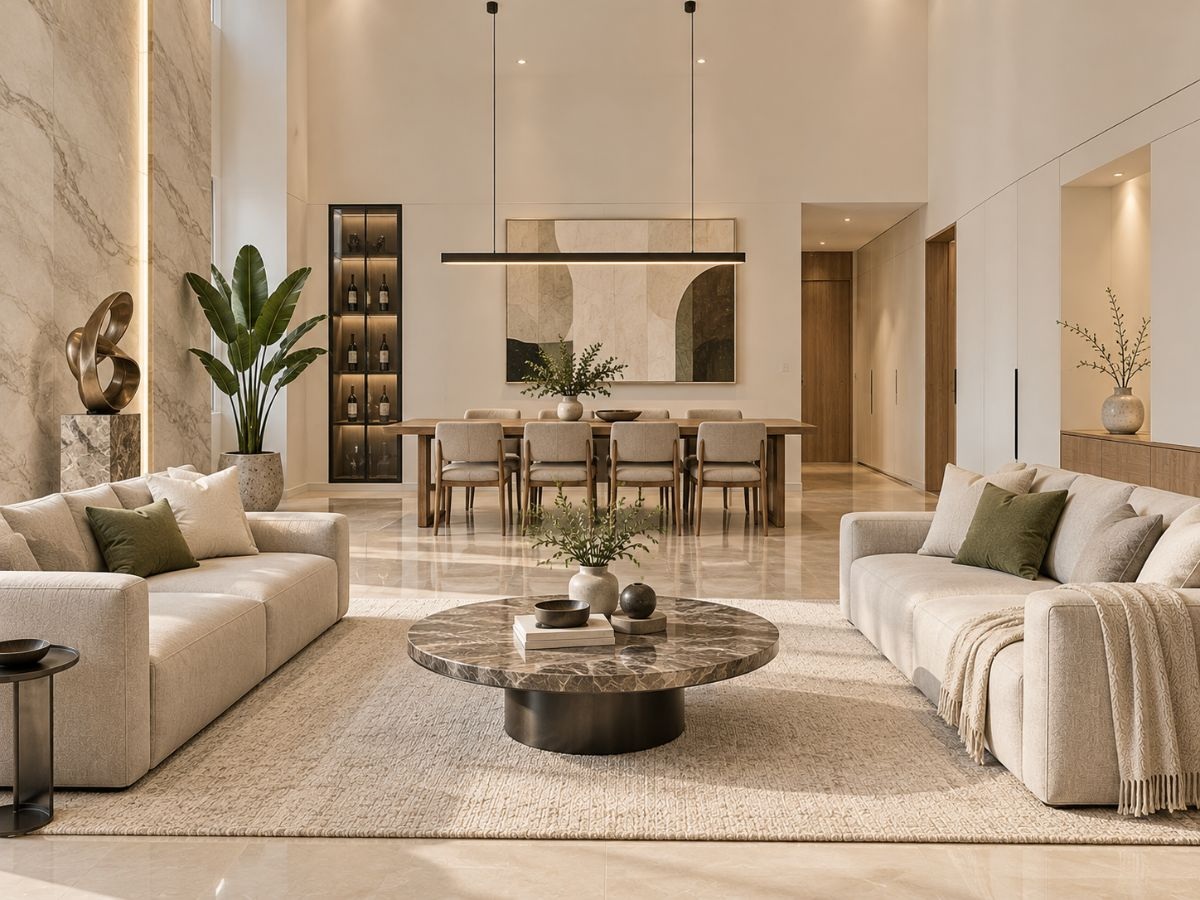 Phòng ăn kết hợp phòng khách rộng 55m2 trong penthouse với bàn ăn 8 ghế