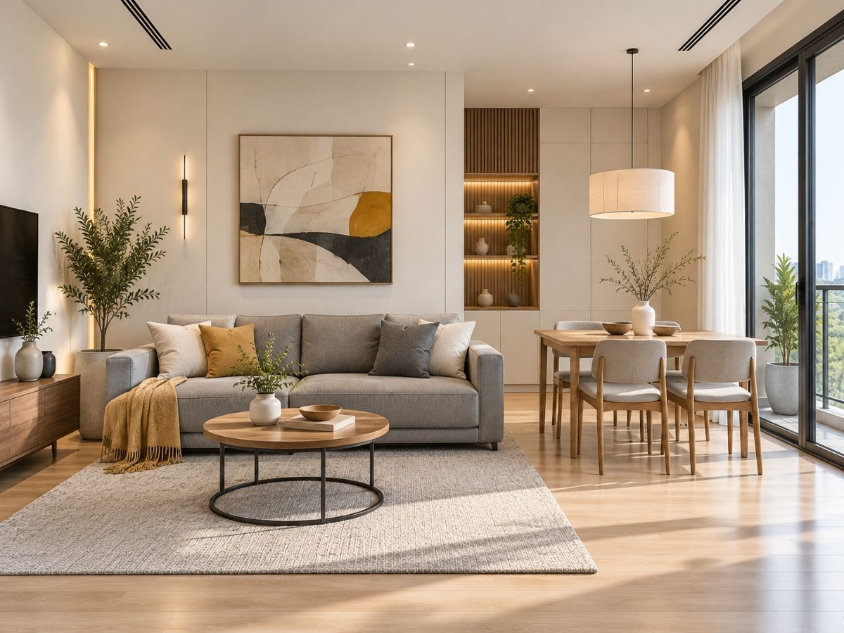 Phòng khách kết hợp phòng ăn căn hộ chung cư 28m2 liền cửa kính ra lô gia