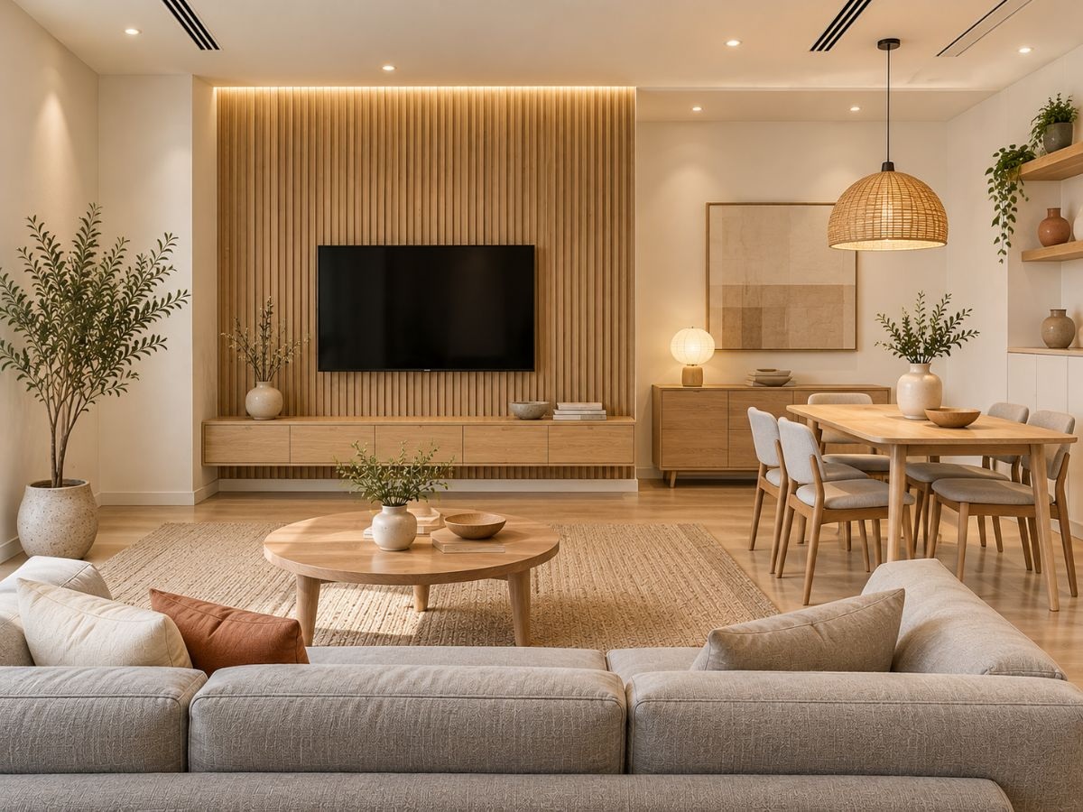 Thiết kế phòng khách liền phòng ăn căn hộ chung cư 25m2 phong cách Japandi