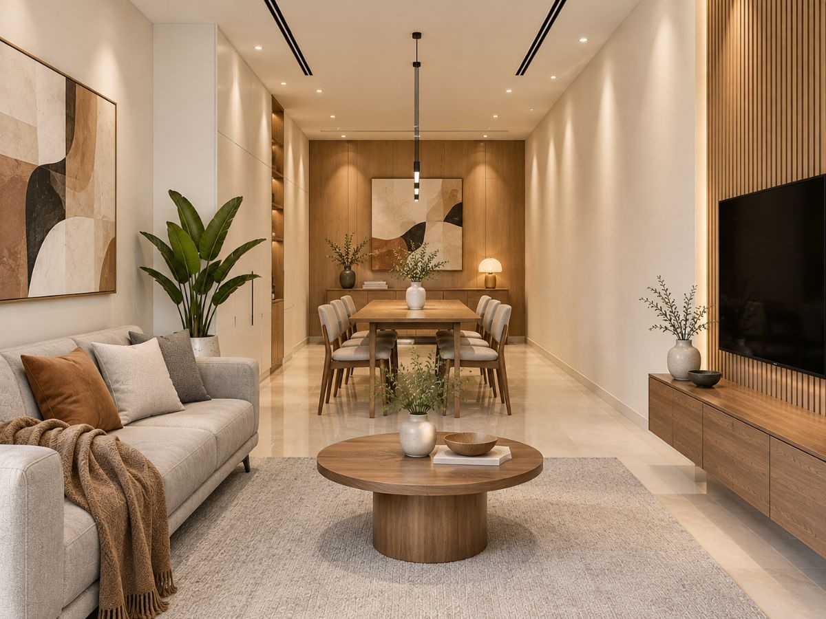 Phòng khách kiêm phòng ăn nhà ống 40m2 bố trí theo trục dài sofa đến bàn ăn
