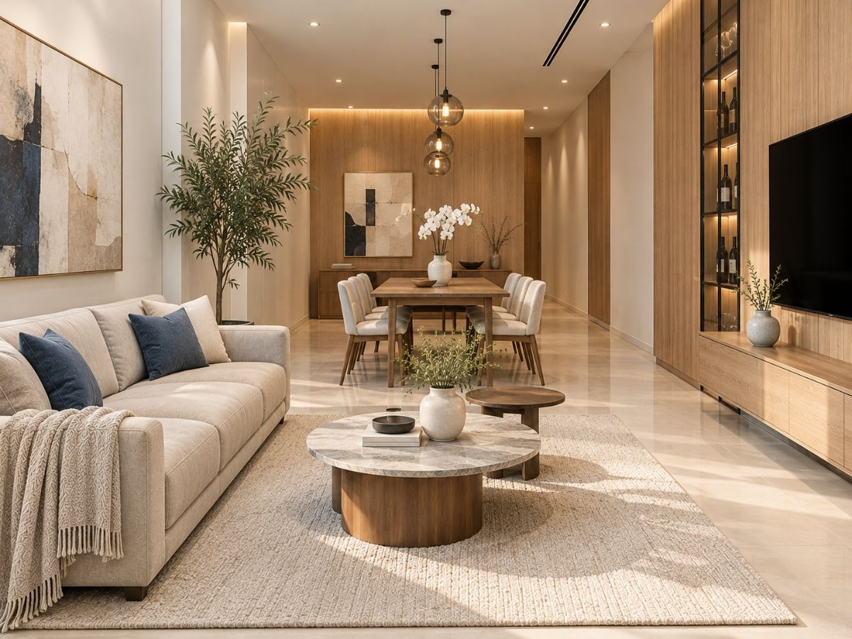 Phòng khách và phòng ăn nhà phố 42m2 có giếng trời lấy sáng tự nhiên