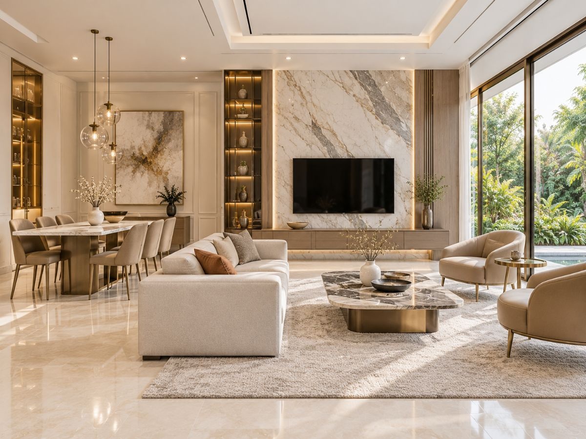 Phòng khách liền phòng ăn biệt thự 65m2 phong cách modern luxury nhìn ra sân vườn