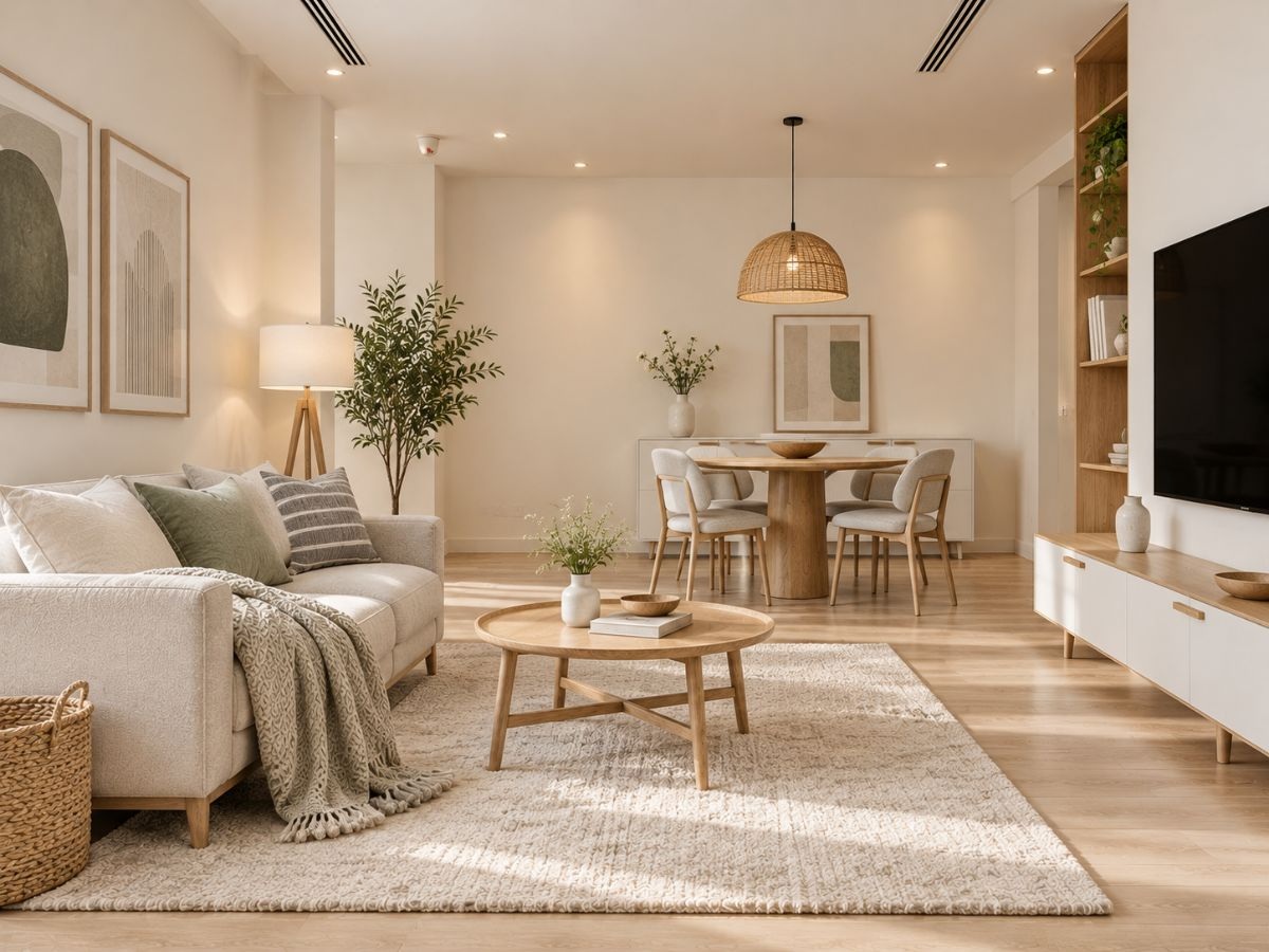 Phòng ăn kết hợp phòng khách căn hộ studio 24m2 phong cách Scandinavian