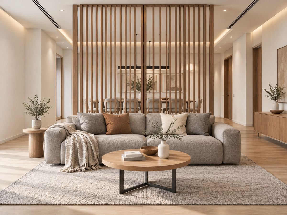 Vách ngăn lam gỗ phân chia phòng khách kết hợp phòng ăn căn hộ 32m2