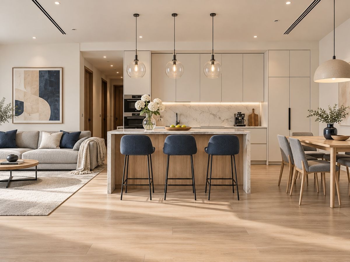 Đảo bếp marble làm ranh giới phòng khách kiêm phòng ăn căn hộ 38m2
