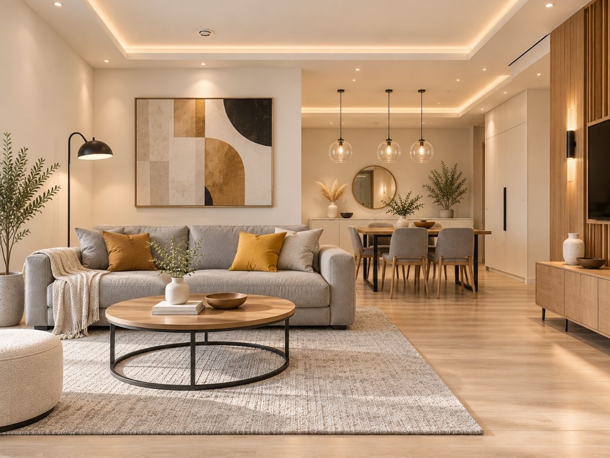 Phân lớp ánh sáng cho phòng khách và phòng ăn 30m2 bằng đèn hắt, đèn thả
