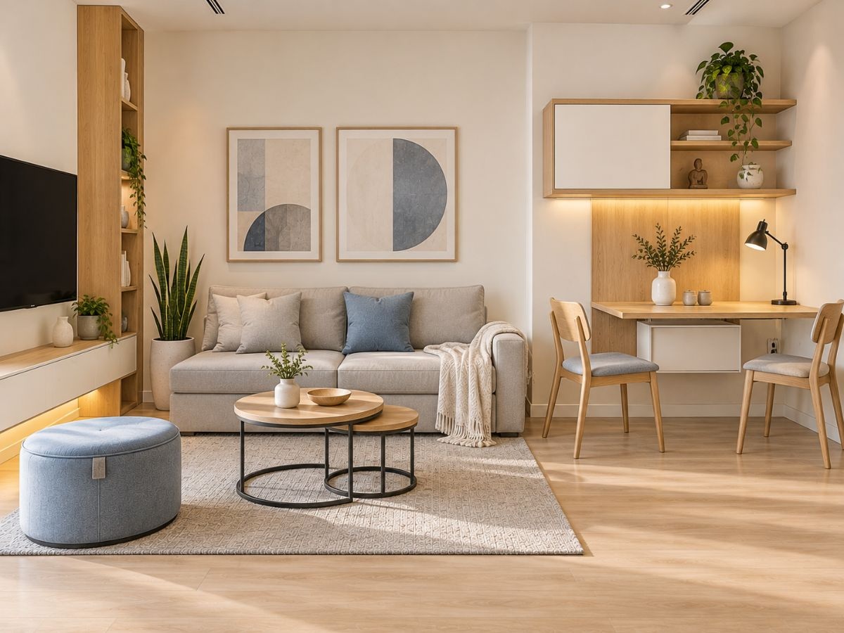 Bàn ăn gấp gắn tường và sofa có hộc chứa đồ cho phòng khách kiêm phòng ăn 20m2