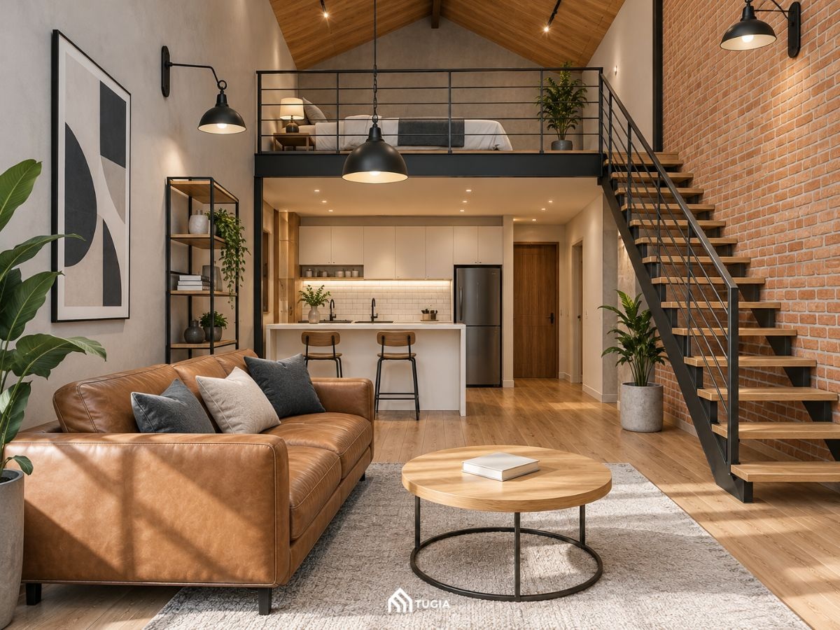 Loft công nghiệp tường gạch gác khung thép