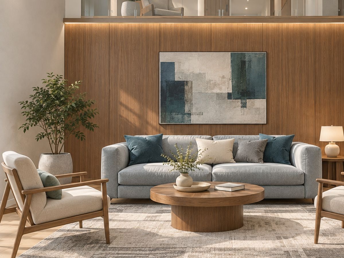 Sofa 3 chỗ và ghế bành dưới tường thông tầng