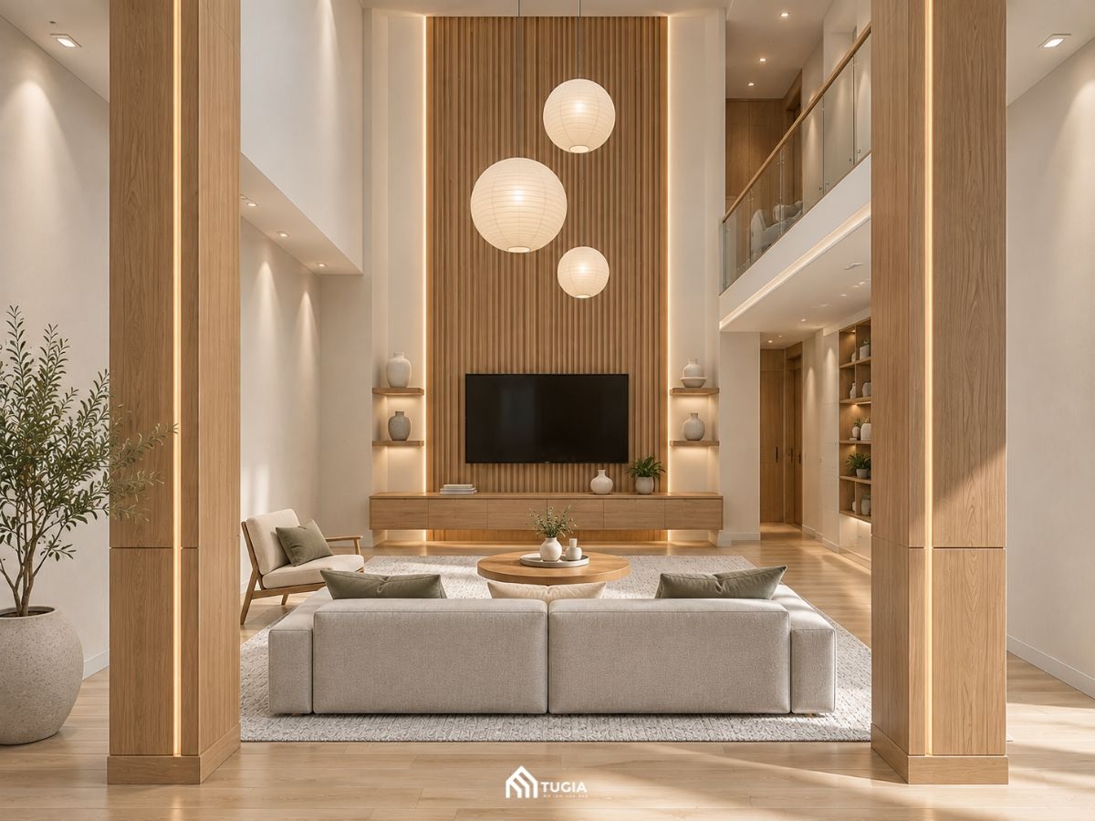 Tường tivi ốp lam cao tới trần thông tầng