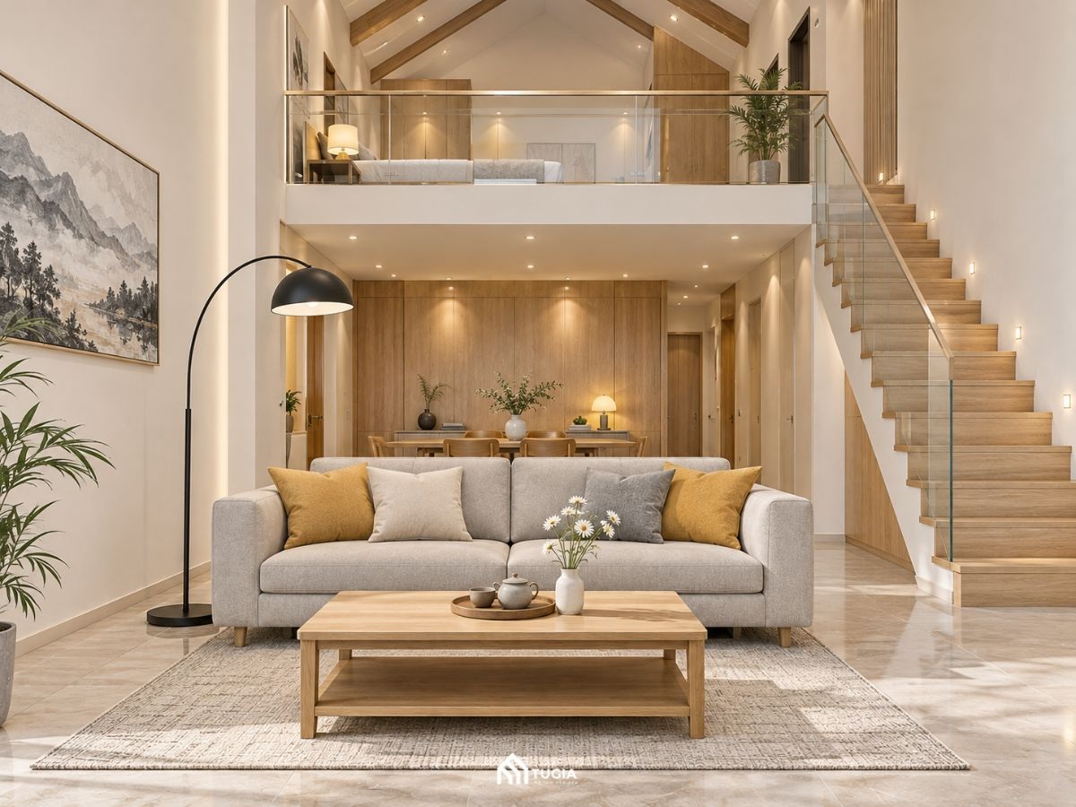 Phòng khách nhà cấp 4 gác lửng tường ốp gỗ