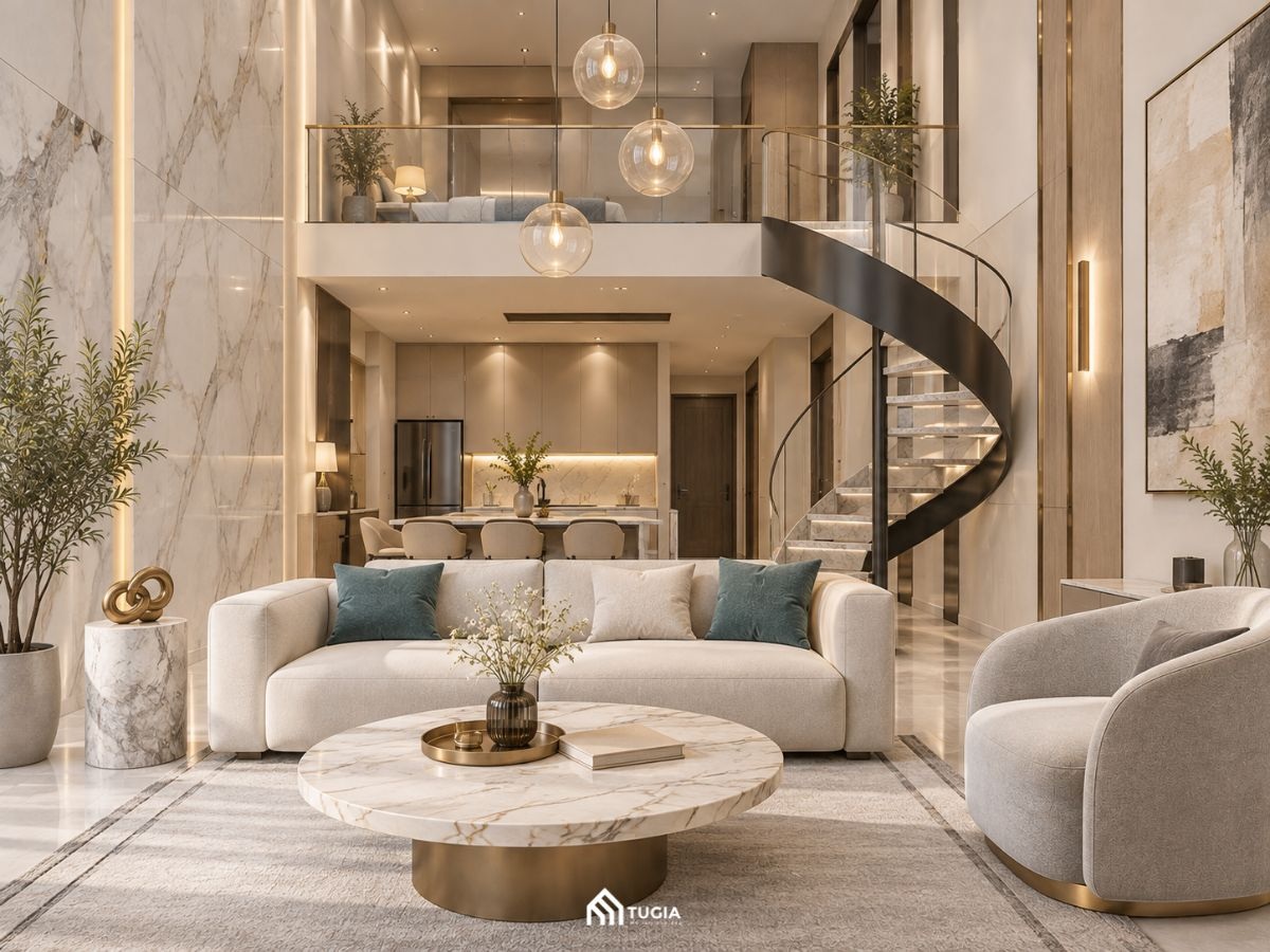 Căn hộ loft sang trọng cầu thang xoắn marble