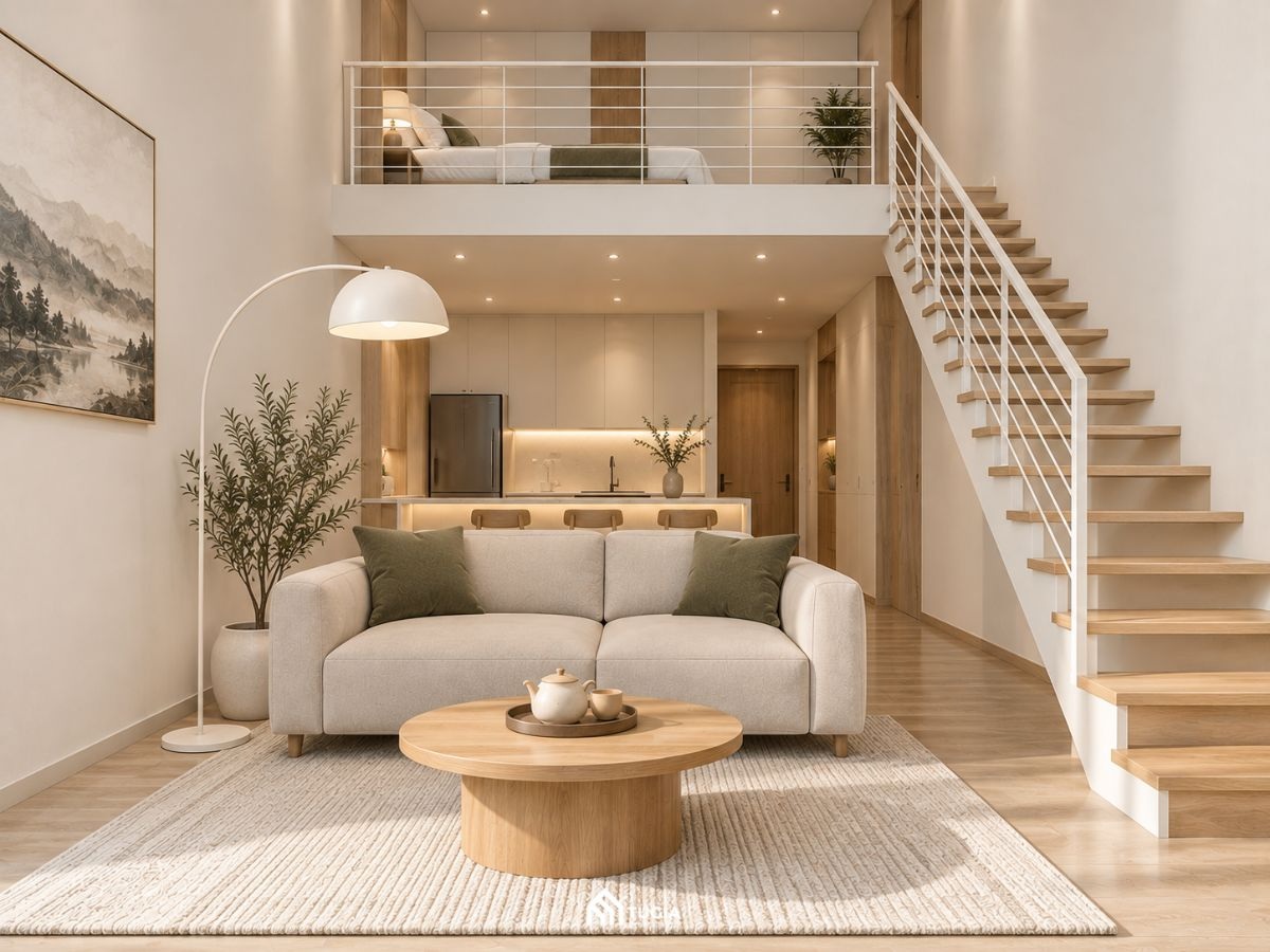 Phòng khách loft tối giản sofa kem