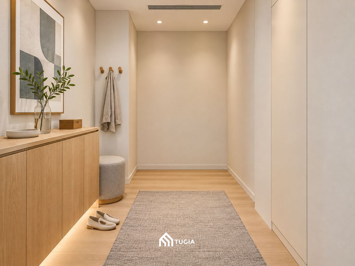 Lối vào căn hộ với tủ giày thấp, ghế đôn và lối đi giữa rộng 90cm