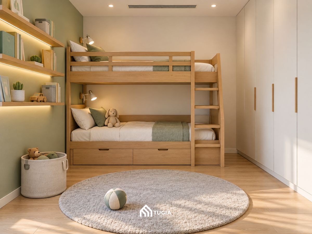 Phòng bé với giường tầng hộc kéo, tủ cao sát trần và kệ treo tường