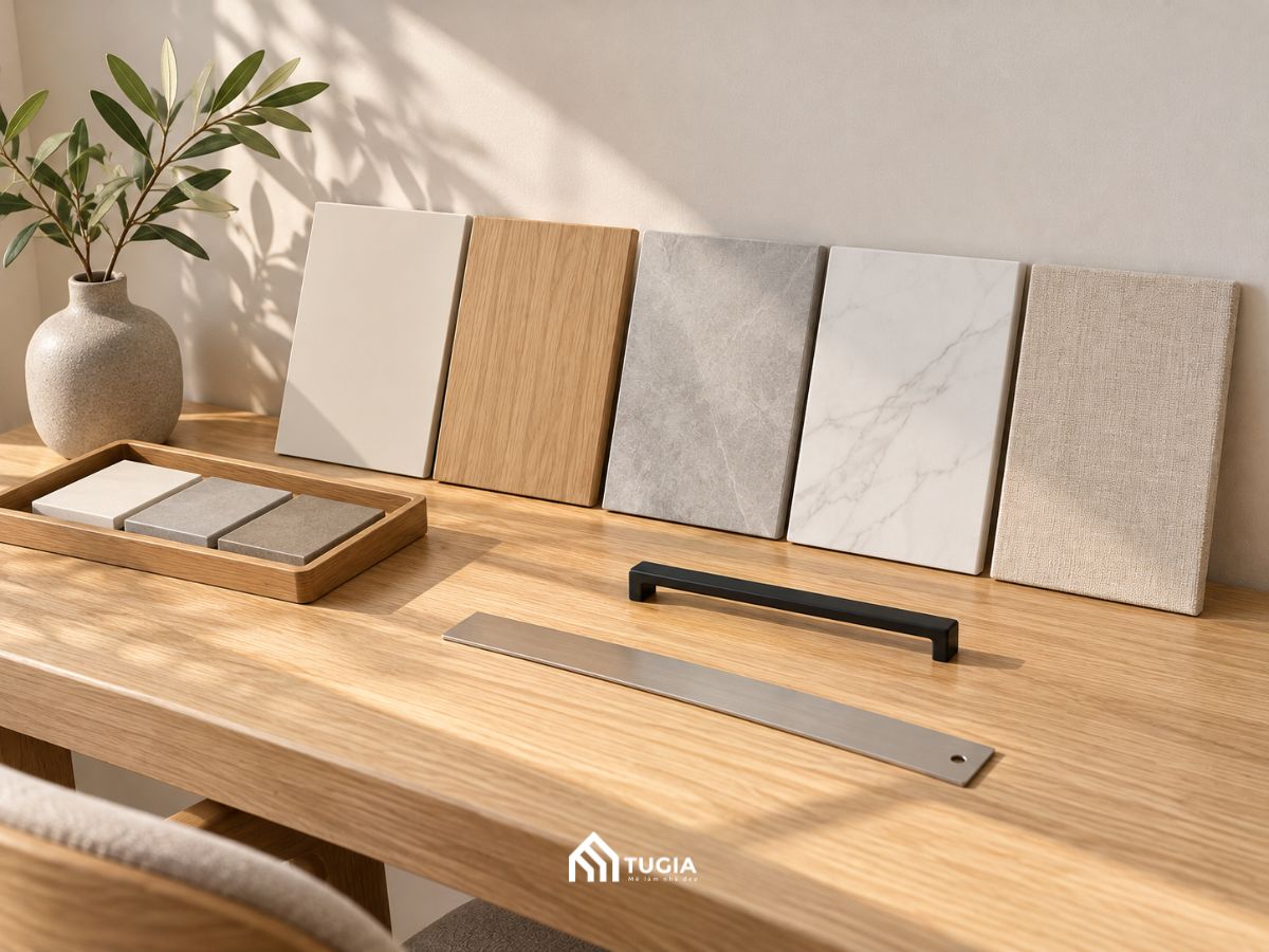 Các mẫu melamine, laminate, đá nhân tạo và vải xếp trên bàn gỗ sồi