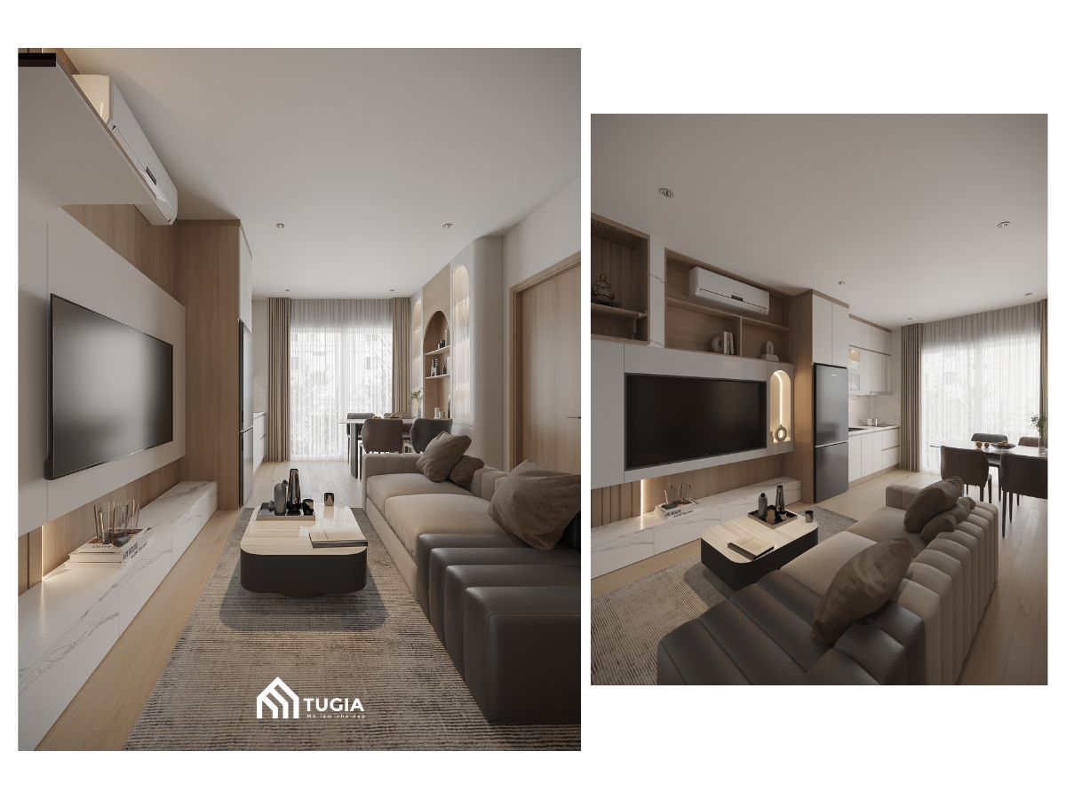 Phòng khách căn hộ 43m2 với tường tivi ốp gỗ, kệ đá vân mây và sofa xám be