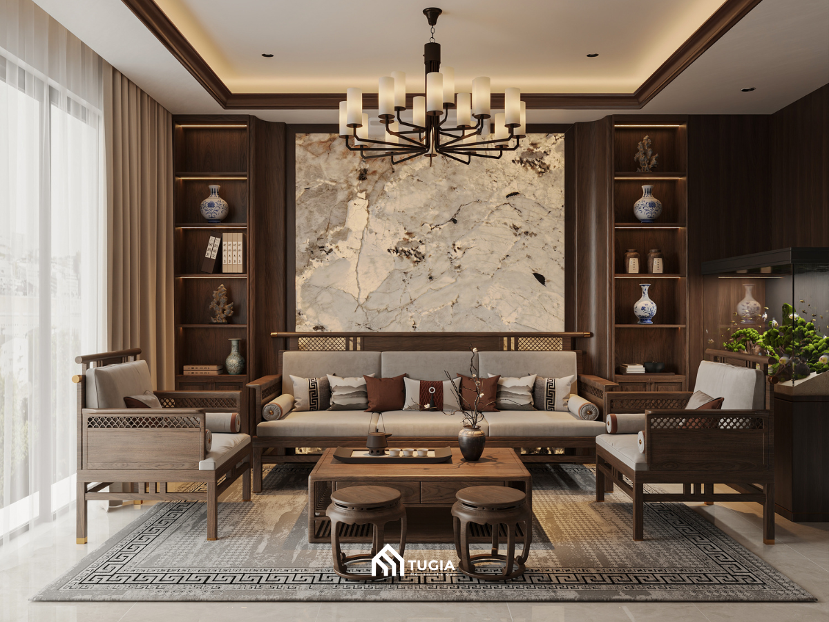 Phòng khách phong cách Đông phương với sofa gỗ, đèn chùm và vách đá vân lớn