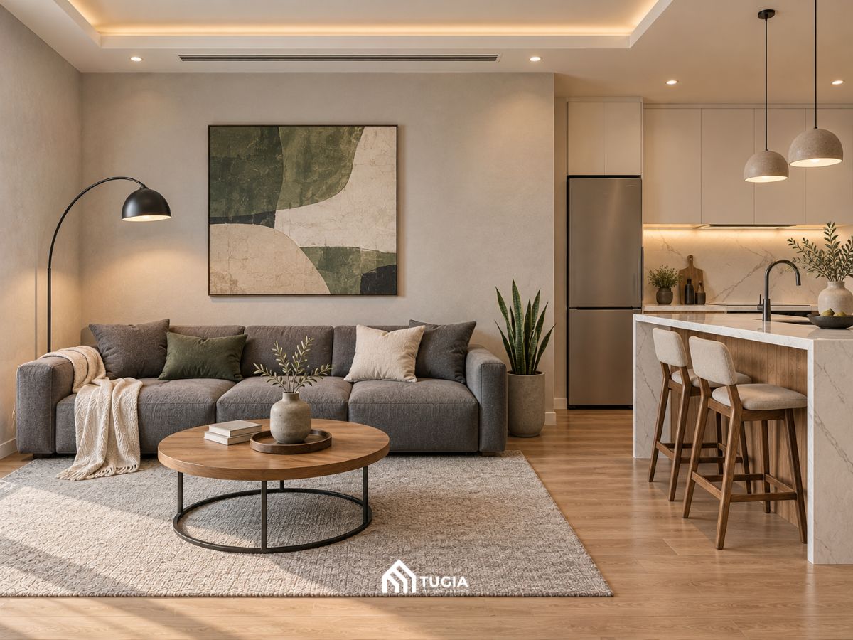 Phòng khách liền bếp căn hộ phong cách hiện đại với sofa xám, tranh xanh rêu và đảo bếp đá