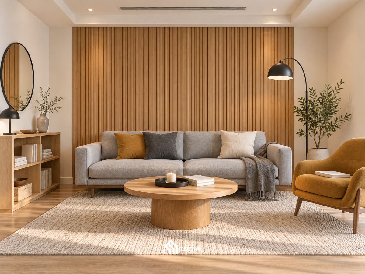 Phòng khách hiện đại với tường lam gỗ sồi, sofa xám nhạt, ghế bành mù tạt và bàn trà tròn