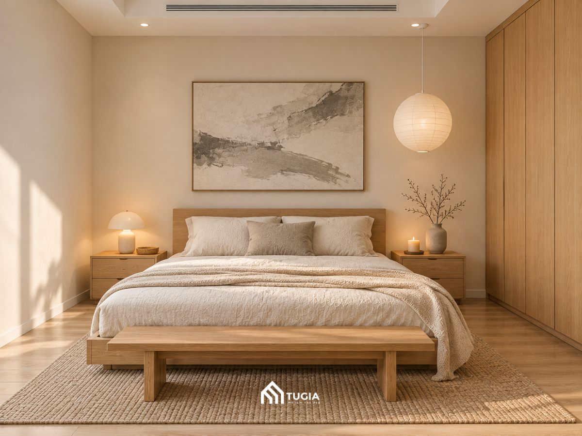 Phòng ngủ phong cách Nhật tối giản với giường thấp gỗ sồi, đèn giấy tròn và tủ quần áo cánh gỗ