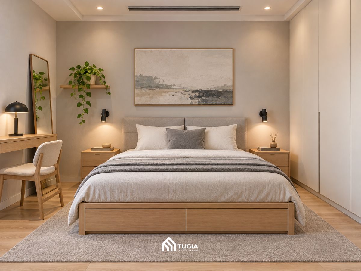 Phòng ngủ căn hộ nhỏ với giường có hộc kéo, tủ quần áo trắng cánh đóng và bàn trang điểm