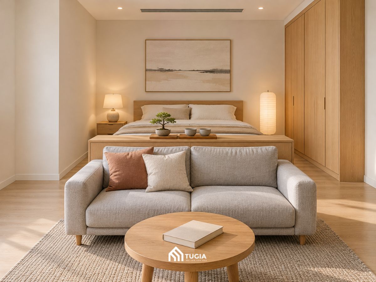 Căn hộ studio 31,9m2 phong cách Nhật với kệ thấp chia vùng ngủ và vùng khách