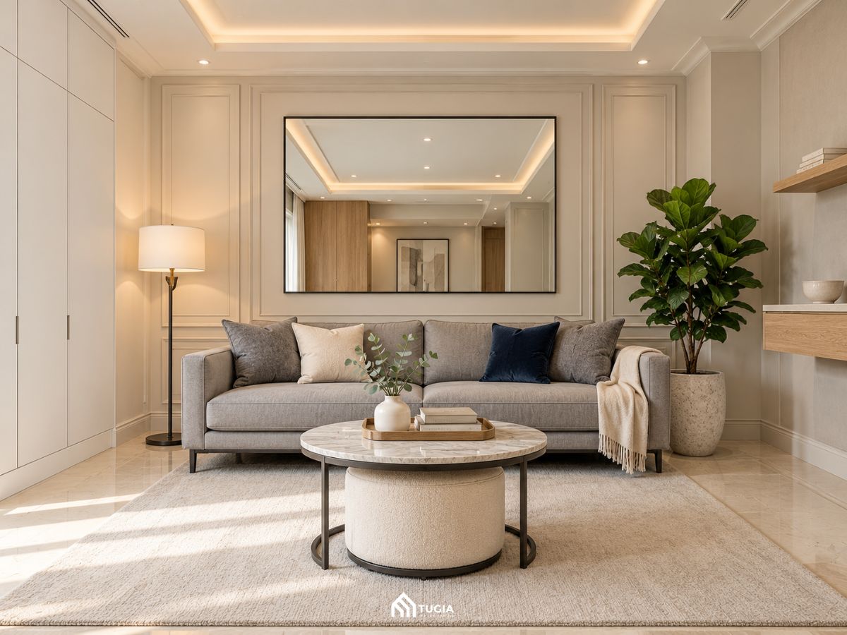 Phòng khách biệt thự mini 22m2 với ghế văng xám, gương lớn và tủ âm tường trắng
