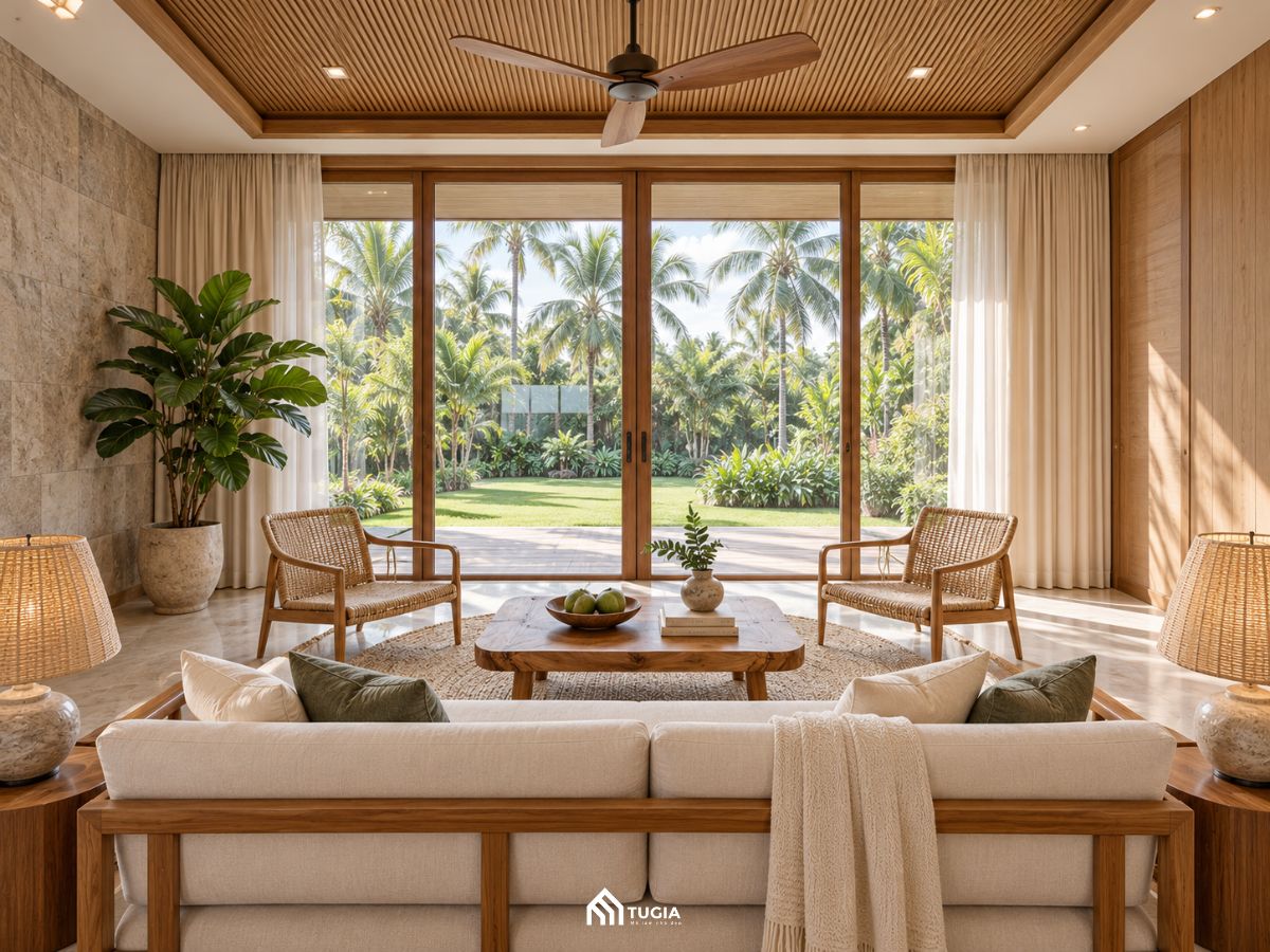 Phòng khách biệt thự nghỉ dưỡng với vách kính lớn nhìn ra sân vườn, gỗ và mây tre