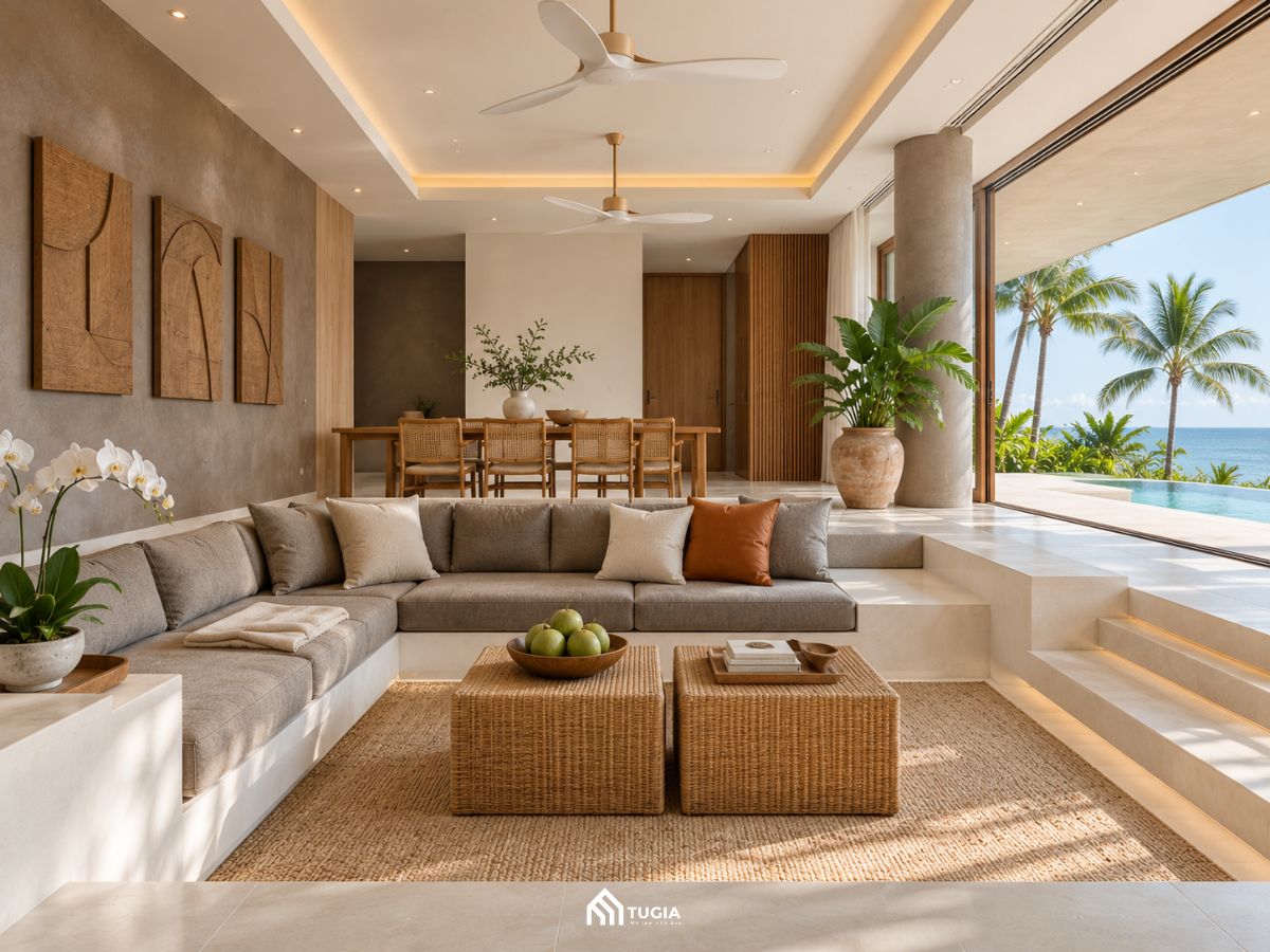 Phòng khách biệt thự nghỉ dưỡng ven biển có sofa xây âm sàn mở ra hồ bơi