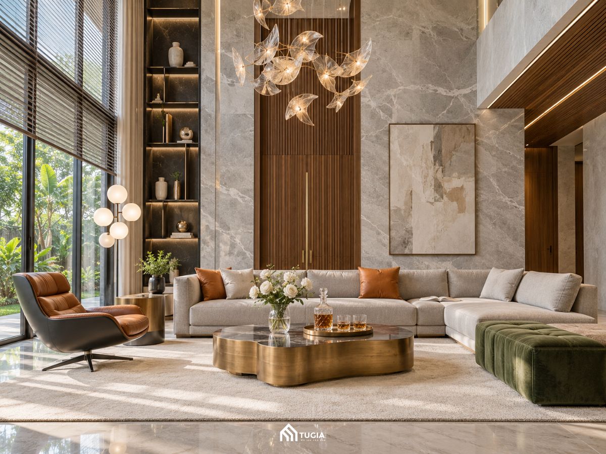 Phòng khách biệt thự nghỉ dưỡng thông tầng ốp đá marble với đèn chùm cánh hoa thuỷ tinh