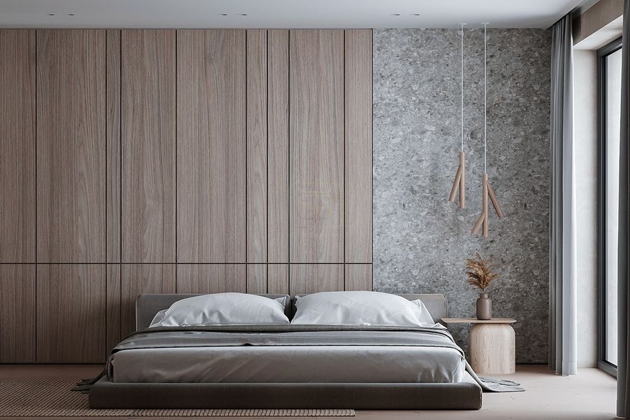 Trang trí đầu giường phòng ngủ Master với vách ốp gỗ kết hợp với vách giả đá sang trọng