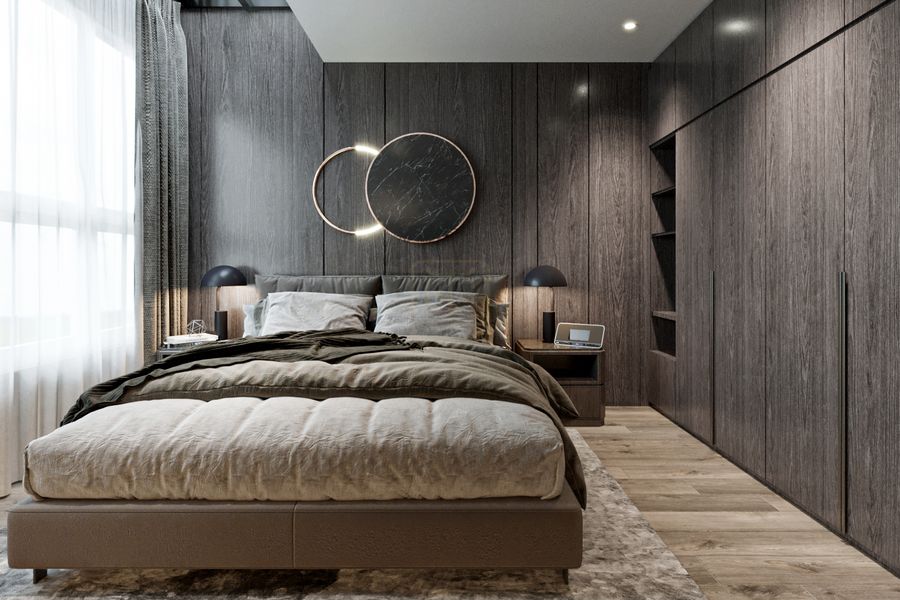 Background phòng ngủ với ốp tường gỗ tông màu tối kết hợp nhiều vật liệu mới