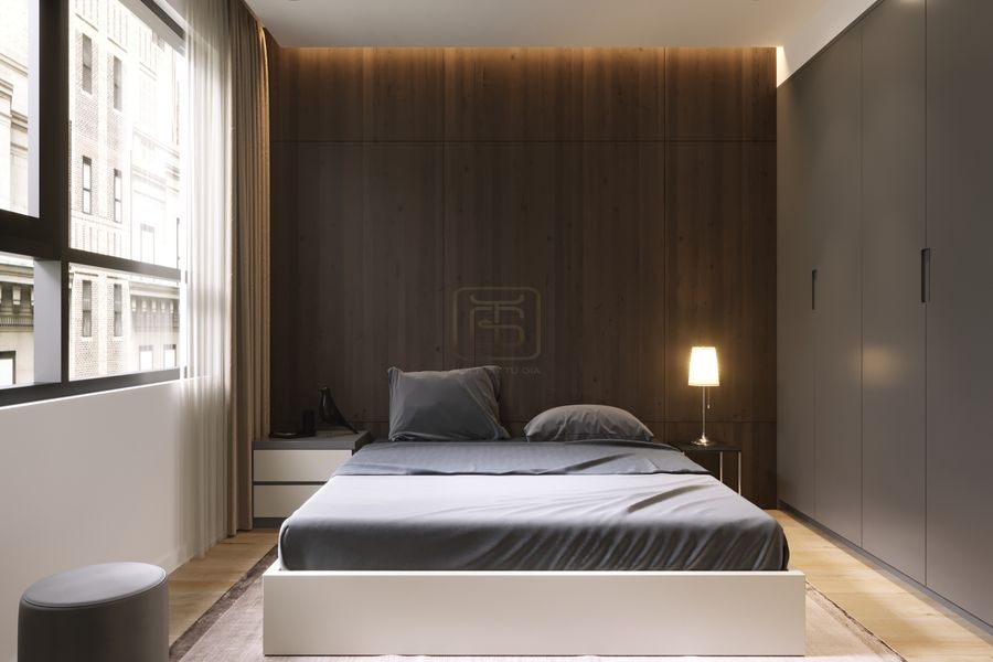 Đối với background phòng ngủ bạn có thể ứng dụng ốp tường bằng lam gỗ tự nhiên sự tinh tế giữa các đường nét vân gỗ kết hợp với tông màu nâu mềm mại