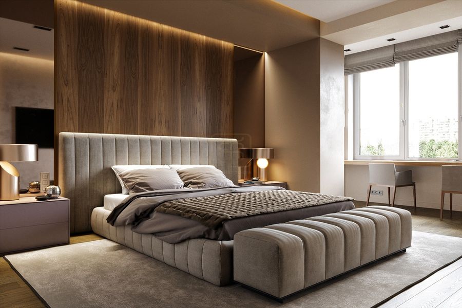 Tường đầu giường phòng ngủ gỗ tự nhiên kết hợp đèn led trang trí ấn tượng mang lại không gian ấm cúng