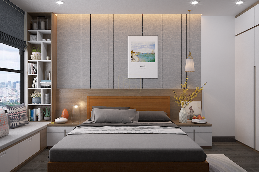 Tường đầu giường phòng ngủ kết hợp nhiều vật liệu vải nỉ, đường đồng trang trí và tranh treo tường theo bộ