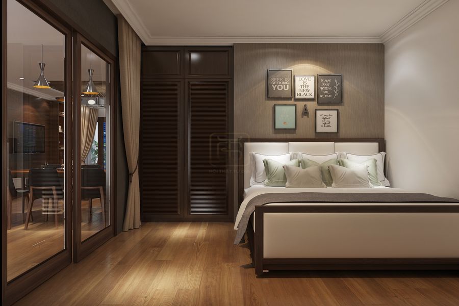 Tường đầu giường phòng ngủ kết hợp giữa chất vải nỉ và tranh treo tường theo bộ