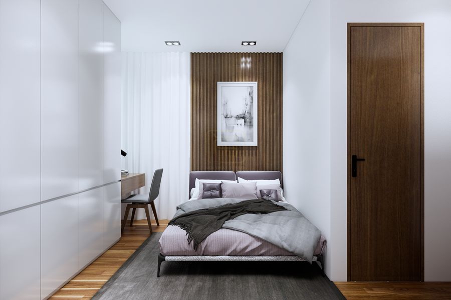 Ôp tường phòng ngủ với lam gỗ kết hợp tranh treo tường