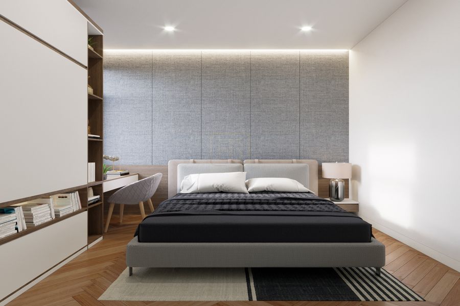 Vách ốp tường đầu giường với chất liệu nỉ kết hợp đường đồng trang trí