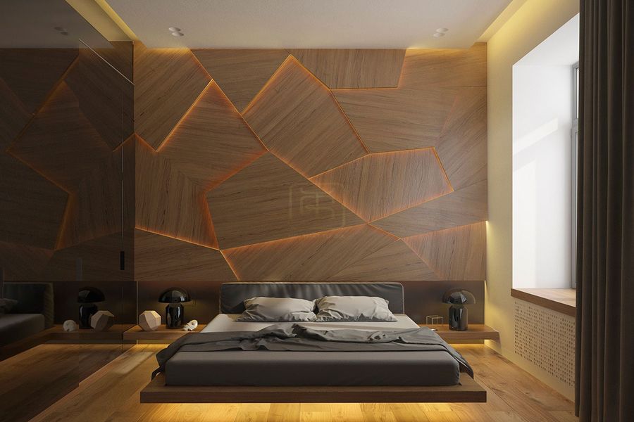 Đối với background phòng ngủ gỗ tự nhiên kết hợp đèn led trang trí ấn tượng