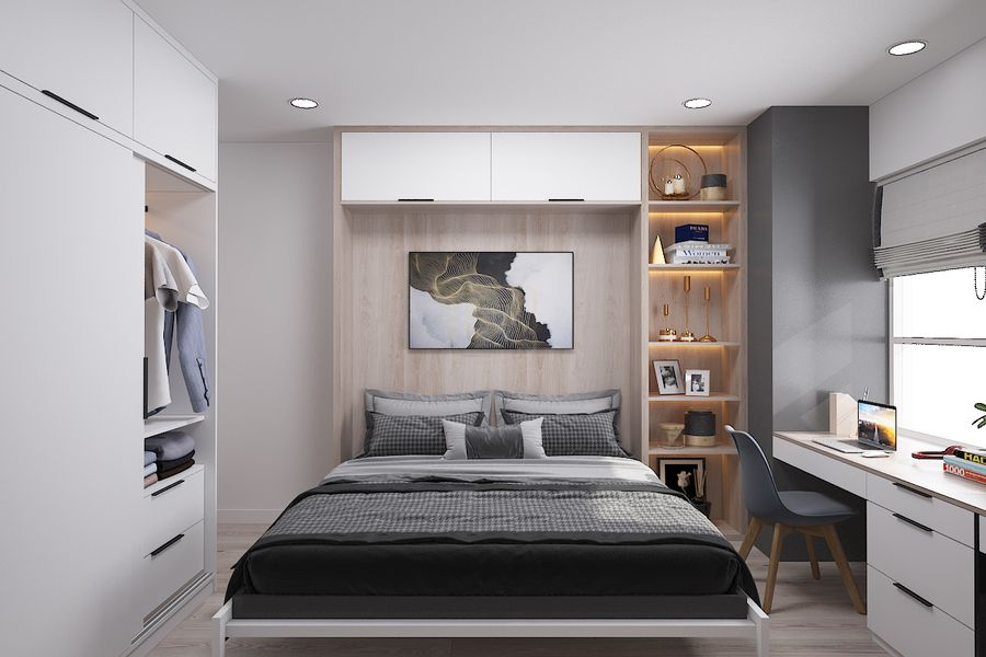 Background phòng ngủ ứng dụng từ tủ trang tí kết hợp với bức tranh đen trắng tinh tế