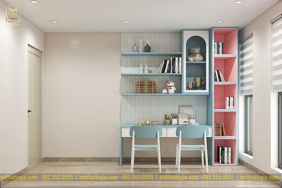 Thiết kế nội thất chung cư 55m2 với bàn học nhiều ngăn giúp bé để được nhiều đồ đạc hơn