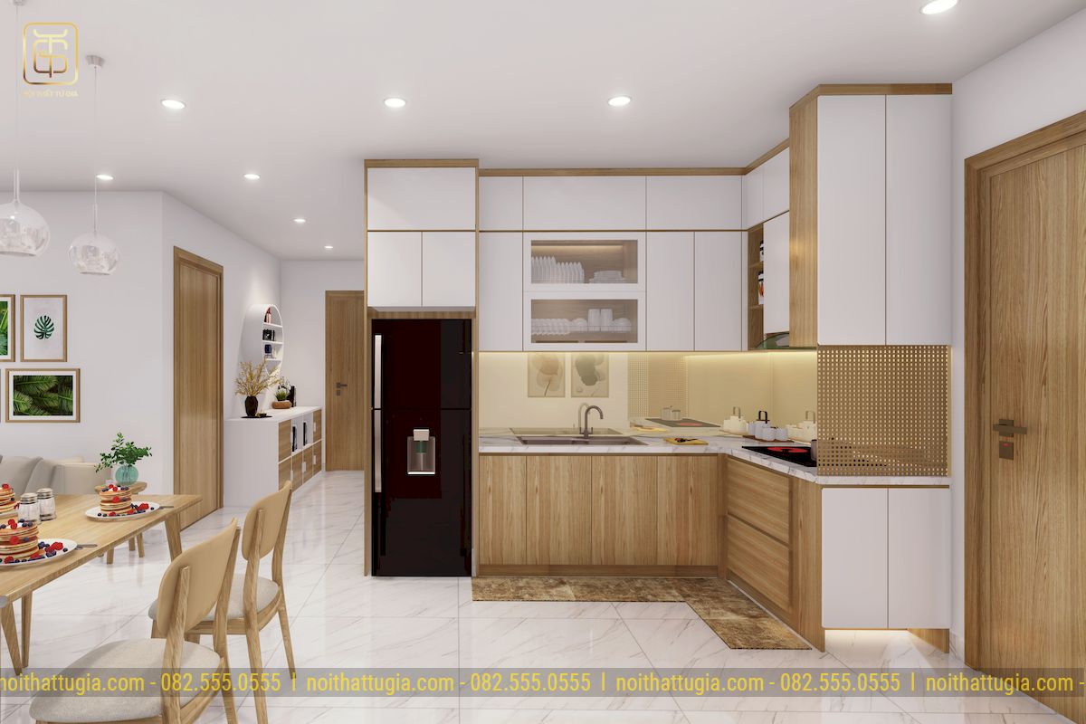 Bếp hình chữ L hiện đại với chất liệu gỗ công nghiệp tông màu vẫn gỗ vàng kết hợp trắng mang lại cảm giác thoáng đã nhẹ nhàng cho căn hộ 