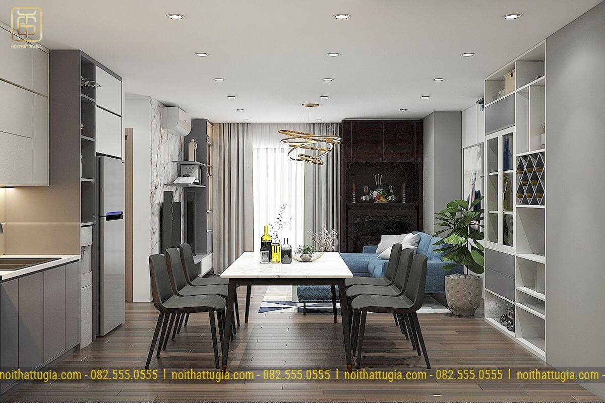 Bộ bàn ăn cũng được thiết kế đồng tông với nội thất làm không gian như mở rộng ra