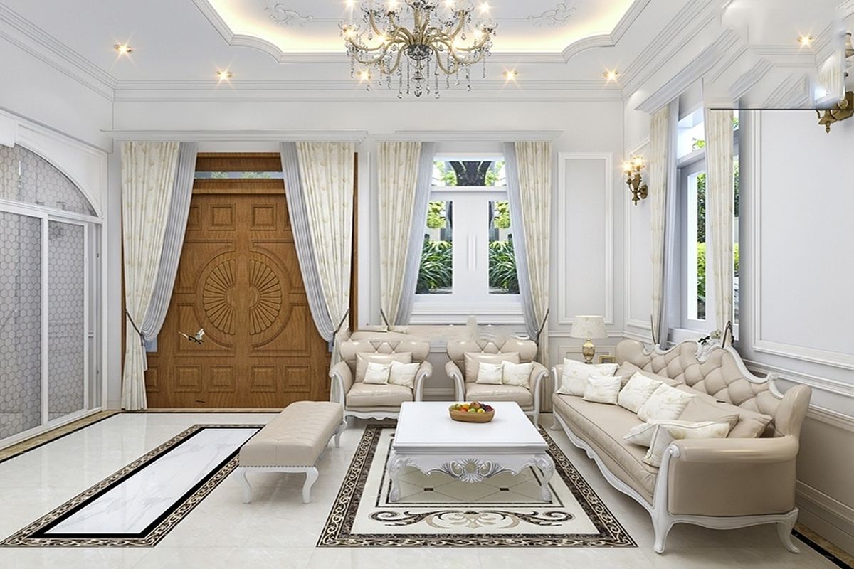 Bộ sofa gỗ da thiết kế kiểu tân cổ điển cực ấn tượng kết hợp sắc xanh độc đáo