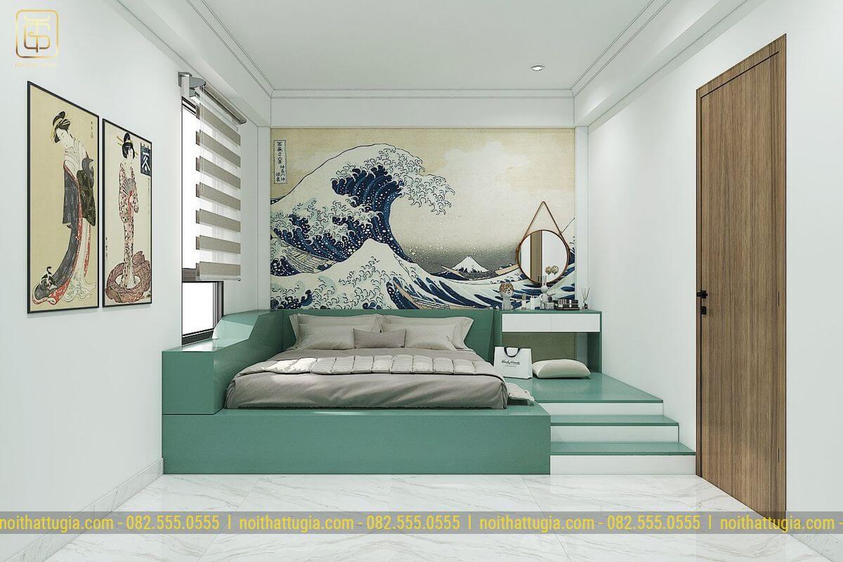 Bức tranh treo tường lớn ở đầu giường tạo điểm nhấn cho căn phòng 