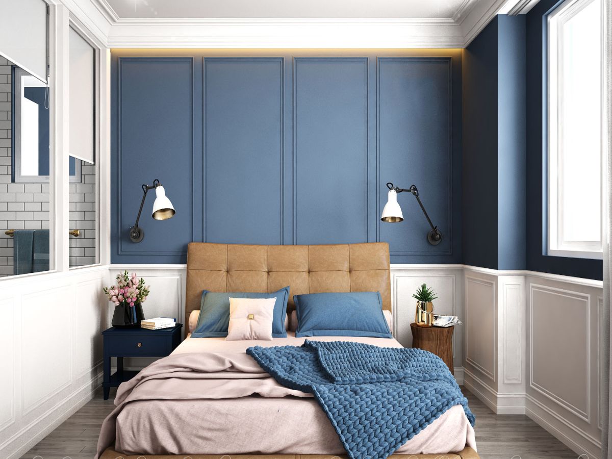 Bức tường đầu giường ốp gỗ phủ melamine màu xanh ấn tượng cho nữ