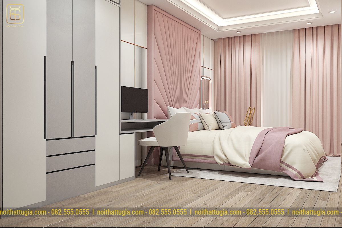 Phòng ngủ master tông màu hồng nhẹ nhàng